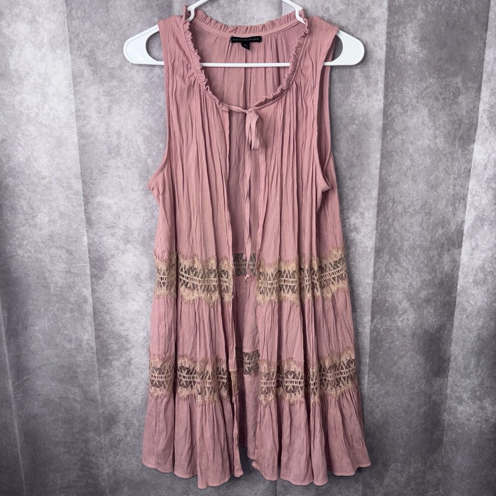 Signature Studio Women's‎ Medium Pink Lace Trim Tunic Boho Peasant Top Open